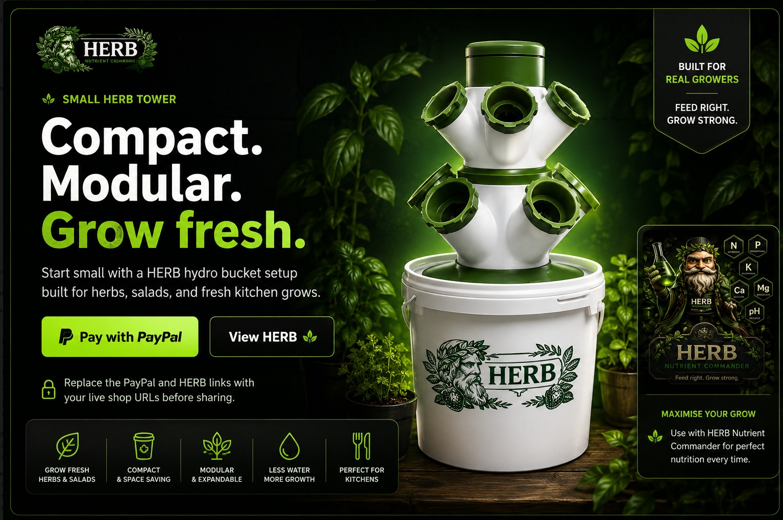 Small HERB Tower advert: Compact. Modular. Grow fresh.